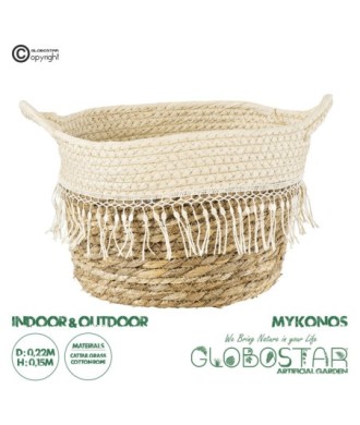 GloboStar® Artificial Garden MYKONOS 20279 Διακοσμητικό Πλεκτό Καλάθι - Κασπώ Γλάστρα - Flower Pot Μπεζ με Μακραμέ Φ22cm x Υ15cm